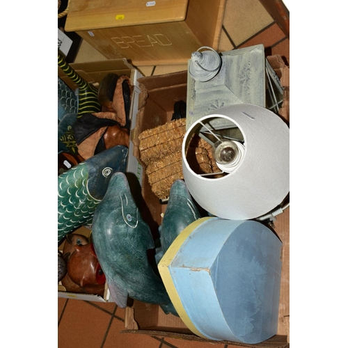 442 - FOUR BOXES OF TINS, CERAMICS, GLASSWARE, MODERN WOODEN BATHROOM ORNAMENTS WOODEN BREAD BIN AND LID, ... 