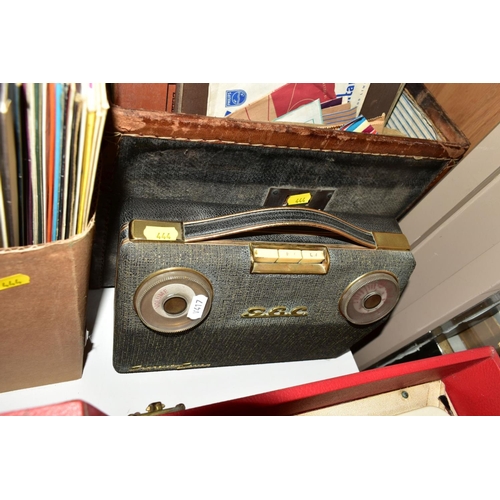 444 - A BUSH BROWN BAKELITE RADIO, Type DAC 10, a red and cream Dansette Conquest Auto record player, a Fr... 