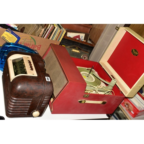 444 - A BUSH BROWN BAKELITE RADIO, Type DAC 10, a red and cream Dansette Conquest Auto record player, a Fr... 