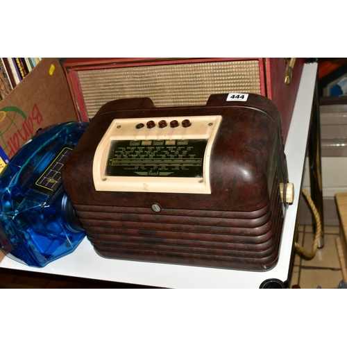 444 - A BUSH BROWN BAKELITE RADIO, Type DAC 10, a red and cream Dansette Conquest Auto record player, a Fr... 