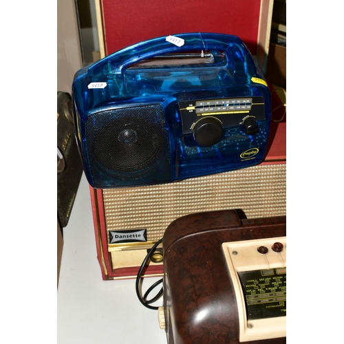 444 - A BUSH BROWN BAKELITE RADIO, Type DAC 10, a red and cream Dansette Conquest Auto record player, a Fr... 