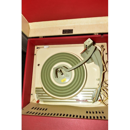 444 - A BUSH BROWN BAKELITE RADIO, Type DAC 10, a red and cream Dansette Conquest Auto record player, a Fr... 