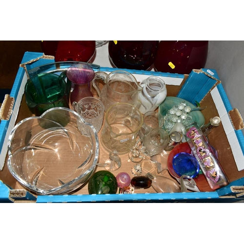 445 - A QUANTITY OF COLOURED AND CLEAR GLASSWARE, in a box and loose, including two deep Royal Doulton bow... 