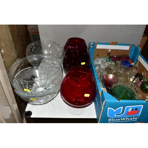 445 - A QUANTITY OF COLOURED AND CLEAR GLASSWARE, in a box and loose, including two deep Royal Doulton bow... 