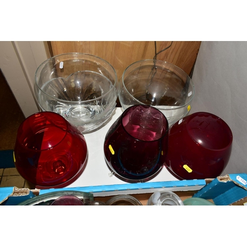 445 - A QUANTITY OF COLOURED AND CLEAR GLASSWARE, in a box and loose, including two deep Royal Doulton bow... 