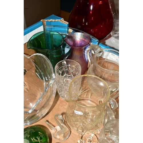 445 - A QUANTITY OF COLOURED AND CLEAR GLASSWARE, in a box and loose, including two deep Royal Doulton bow... 