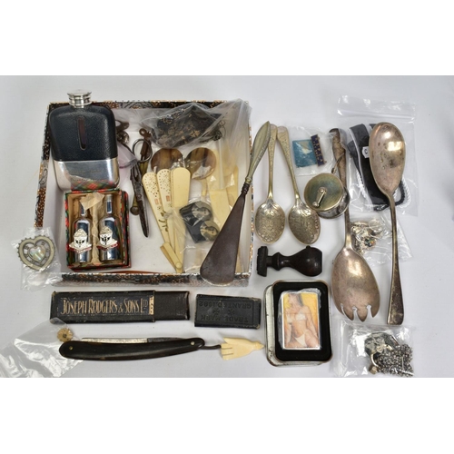 45 - A SELECTION OF ITEMS, to include a glass hip flask, with part leather casing and removable metal cup... 