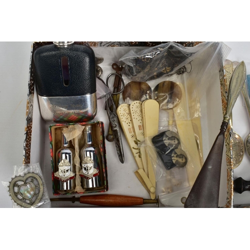 45 - A SELECTION OF ITEMS, to include a glass hip flask, with part leather casing and removable metal cup... 