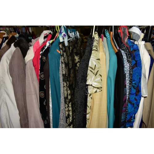 452 - A CLOTHES RAIL OF LADIES CLOTHES including Burberry jacket, Jacques Vert three piece suit, size 16, ... 