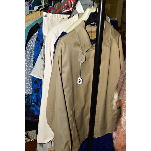 452 - A CLOTHES RAIL OF LADIES CLOTHES including Burberry jacket, Jacques Vert three piece suit, size 16, ... 