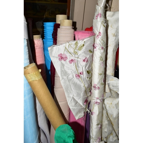 456 - SIX BOXES OF PART ROLLS OF FABRIC, to include silks, satin, sateen's, voile, net, embroidered, heavy... 