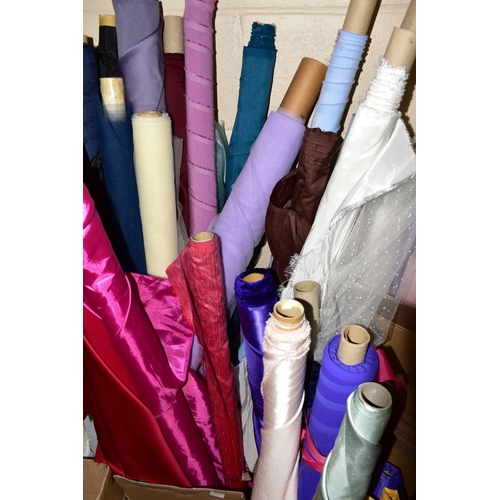 456 - SIX BOXES OF PART ROLLS OF FABRIC, to include silks, satin, sateen's, voile, net, embroidered, heavy... 