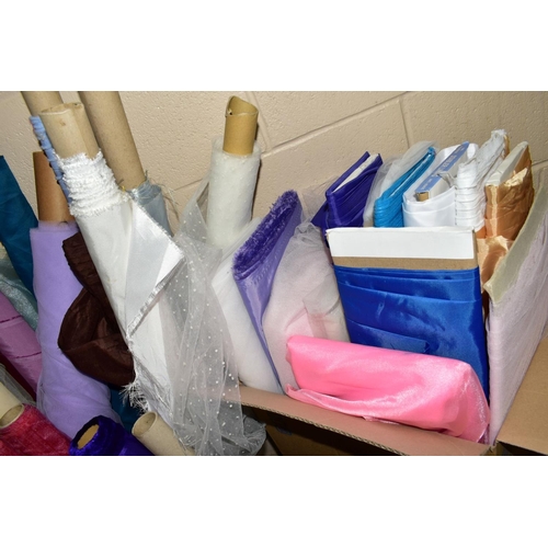 456 - SIX BOXES OF PART ROLLS OF FABRIC, to include silks, satin, sateen's, voile, net, embroidered, heavy... 