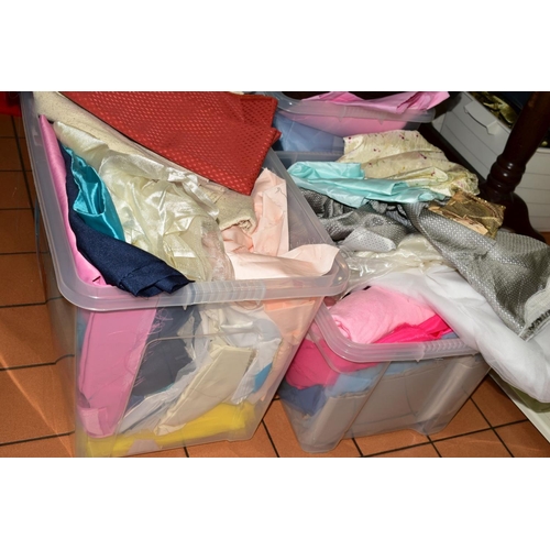 458 - FOUR LARGE PLASTIC BOXES OF END OF ROLL FABRICS, to include wool, Worsted, dogs tooth wool, satin, n... 