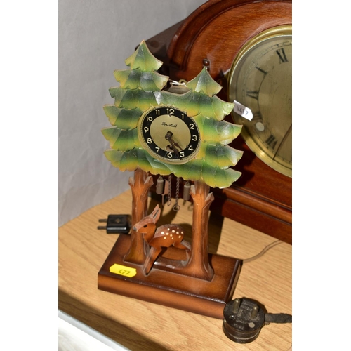 477 - FOUR LATE 19TH/EARLY 20TH CENTURY MANTEL CLOCKS, comprising a novelty Forestall tree and fawn clock,... 