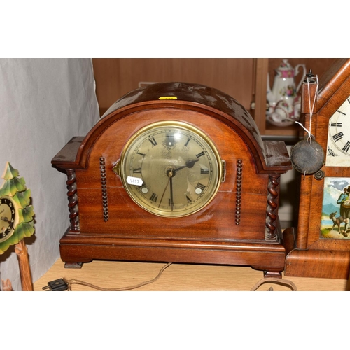 477 - FOUR LATE 19TH/EARLY 20TH CENTURY MANTEL CLOCKS, comprising a novelty Forestall tree and fawn clock,... 