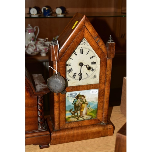 477 - FOUR LATE 19TH/EARLY 20TH CENTURY MANTEL CLOCKS, comprising a novelty Forestall tree and fawn clock,... 