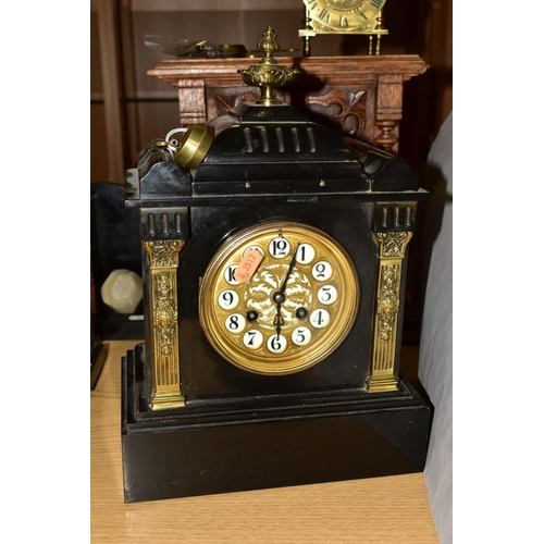 479 - TWO LATE 19TH CENTURY MANTEL CLOCKS AND BRASS LANTERN CLOCK, comprising an oak cased eight day mante... 