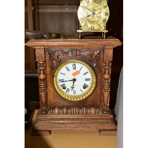 479 - TWO LATE 19TH CENTURY MANTEL CLOCKS AND BRASS LANTERN CLOCK, comprising an oak cased eight day mante... 