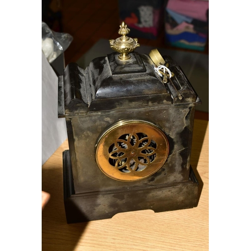 479 - TWO LATE 19TH CENTURY MANTEL CLOCKS AND BRASS LANTERN CLOCK, comprising an oak cased eight day mante... 