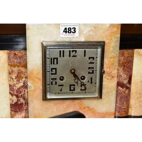 483 - AN ART DECO BLACK SLATE AND MARBLE CLOCK GARNITURE, (in the form of books) square silvered dial with... 