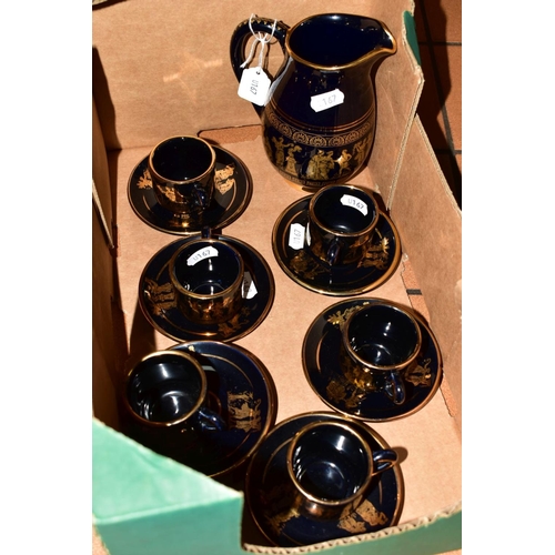 485 - A SET OF SIX GREEK BLACK AND GILT COFFEE CUPS AND SAUCERS, with matching jug, together with three br... 