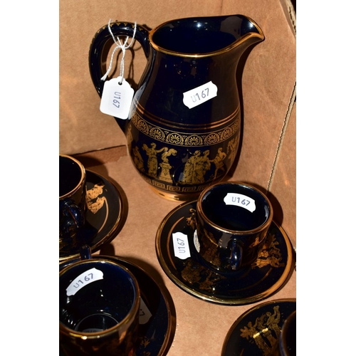 485 - A SET OF SIX GREEK BLACK AND GILT COFFEE CUPS AND SAUCERS, with matching jug, together with three br... 