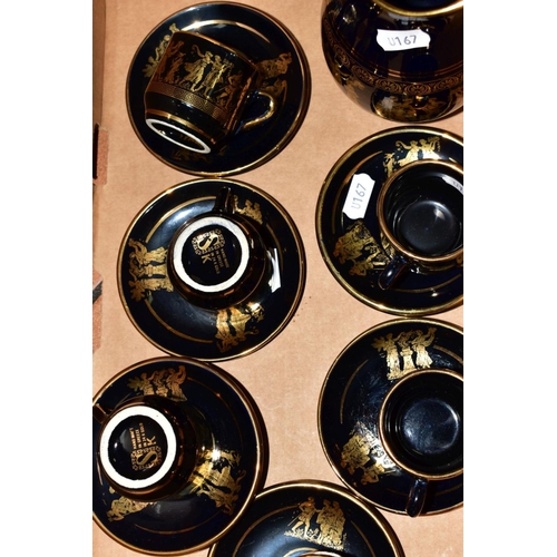 485 - A SET OF SIX GREEK BLACK AND GILT COFFEE CUPS AND SAUCERS, with matching jug, together with three br... 