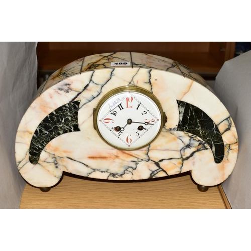 489 - AN EARLY 20TH CENTURY VEINED MARBLE CLOCK GARNITURE, the domed clock with enamel dial, lozenge shape... 