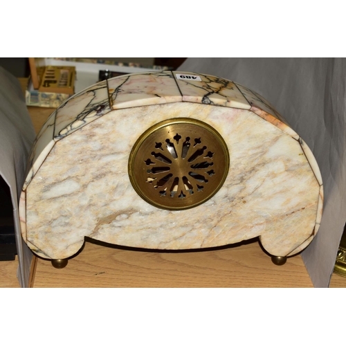 489 - AN EARLY 20TH CENTURY VEINED MARBLE CLOCK GARNITURE, the domed clock with enamel dial, lozenge shape... 