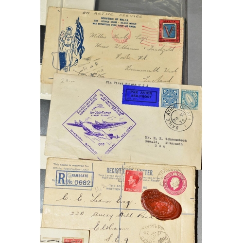 490 - A SMALL BOX CONTAINING MALTA COVERS, various interesting stamps and other collectables