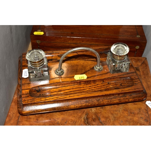 495 - THREE GEORGE III/VICTORIAN BOXES AND AN EDWARDIAN OAK DESKSTAND, the boxes comprising a George III m... 