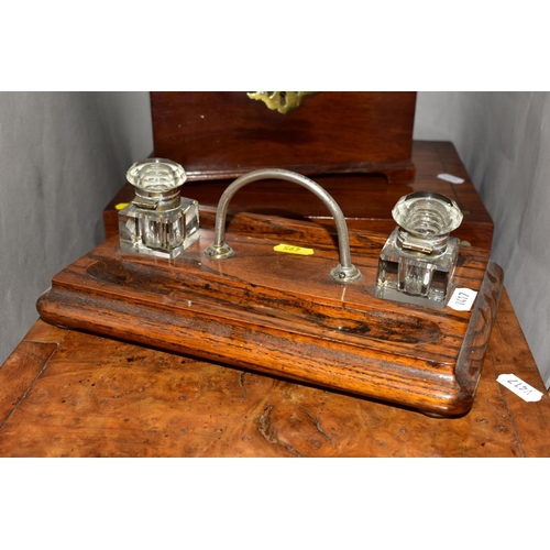 495 - THREE GEORGE III/VICTORIAN BOXES AND AN EDWARDIAN OAK DESKSTAND, the boxes comprising a George III m... 