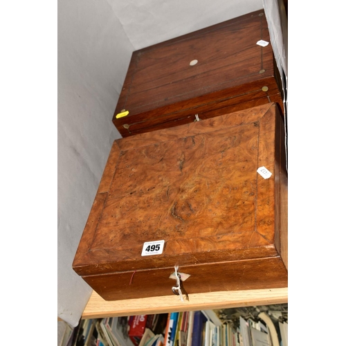 495 - THREE GEORGE III/VICTORIAN BOXES AND AN EDWARDIAN OAK DESKSTAND, the boxes comprising a George III m... 