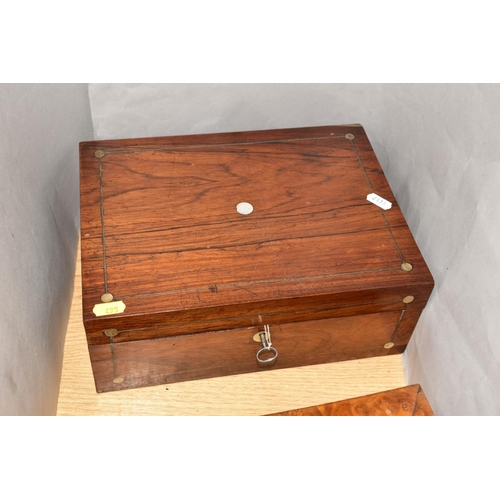 495 - THREE GEORGE III/VICTORIAN BOXES AND AN EDWARDIAN OAK DESKSTAND, the boxes comprising a George III m... 