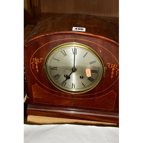 496 - AN EDWARDIAN MAHOGANY AND INLAID DOME TOP MANTEL CLOCK, the silvered dial with Roman numerals, eight... 