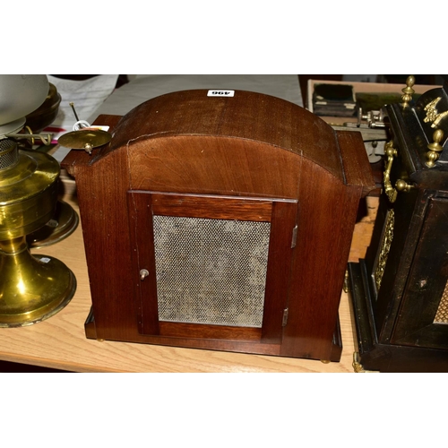 496 - AN EDWARDIAN MAHOGANY AND INLAID DOME TOP MANTEL CLOCK, the silvered dial with Roman numerals, eight... 