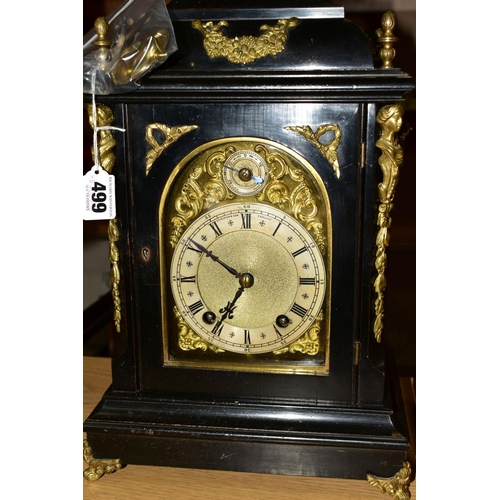 499 - A LATE 19TH CENTURY EBONISED AND GILT METAL BRACKET CLOCK OF GEORGE III STYLE, brass dial marked Spi... 