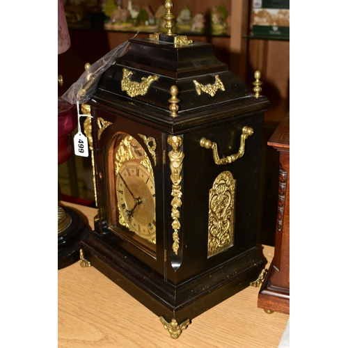 499 - A LATE 19TH CENTURY EBONISED AND GILT METAL BRACKET CLOCK OF GEORGE III STYLE, brass dial marked Spi... 