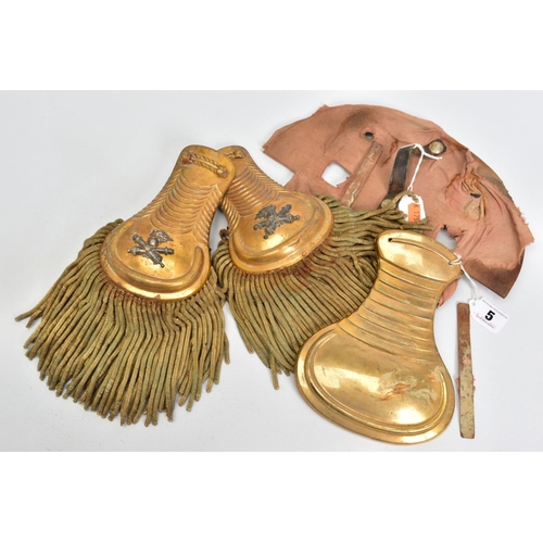 5 - A PAIR OF 19TH CENTURY FRINGED GILT METAL MILITARY EPAULETTES, mounted with silvered crossed cannons... 