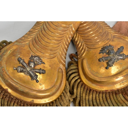 5 - A PAIR OF 19TH CENTURY FRINGED GILT METAL MILITARY EPAULETTES, mounted with silvered crossed cannons... 