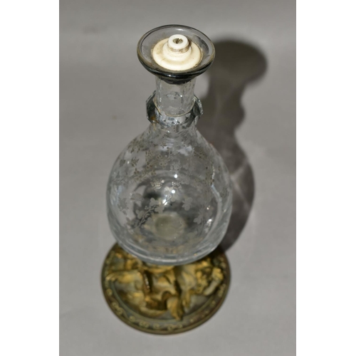 501 - A 19TH CENTURY FRENCH ETCHED GLASS AND ORMOLU LAMP BASE, formed from a decanter? and a candleholder,... 