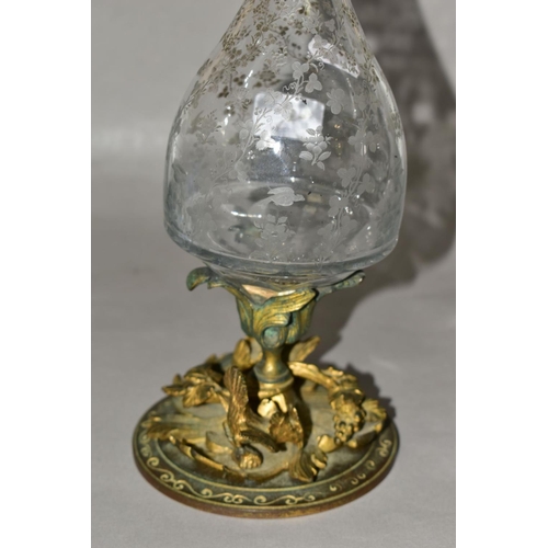 501 - A 19TH CENTURY FRENCH ETCHED GLASS AND ORMOLU LAMP BASE, formed from a decanter? and a candleholder,... 