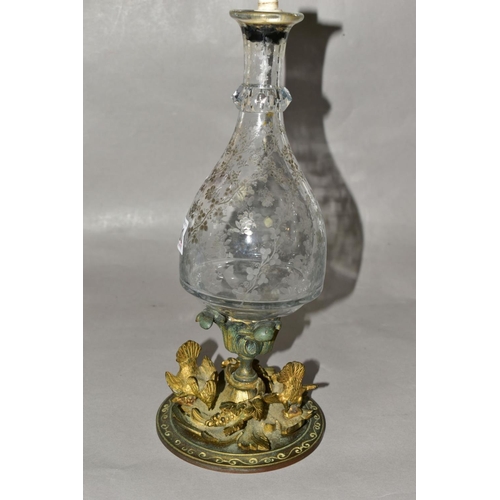 501 - A 19TH CENTURY FRENCH ETCHED GLASS AND ORMOLU LAMP BASE, formed from a decanter? and a candleholder,... 