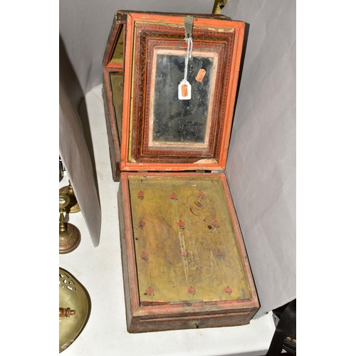 509 - TWO 19TH CENTURY INDIAN TRAVELLING MIRRORS, the rectangular cases with painted and varnished decorat... 