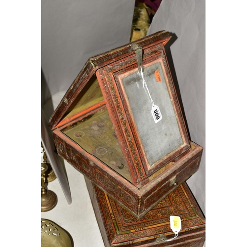 509 - TWO 19TH CENTURY INDIAN TRAVELLING MIRRORS, the rectangular cases with painted and varnished decorat... 