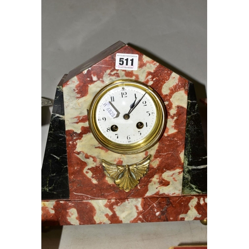 511 - FRENCH MARBLE ART DECO CLOCK GARNITURE, enamel dial with Arabic numerals, movement signed 'Society C... 