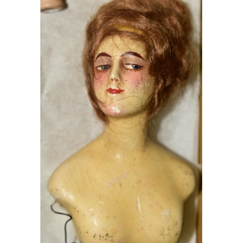 518 - A WAX HEAD AND SHOULDERS HALF DOLL, marked 3.N.G.H to back, possibly Olga Baitz, painted features, o... 