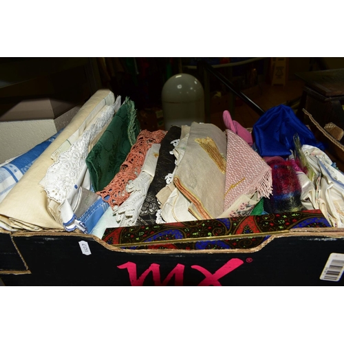 534 - SIX BOXES AND LOOSE SEWING AND HABERDASHERY ITEMS, to include linen and fabrics, wooden work boxes w... 