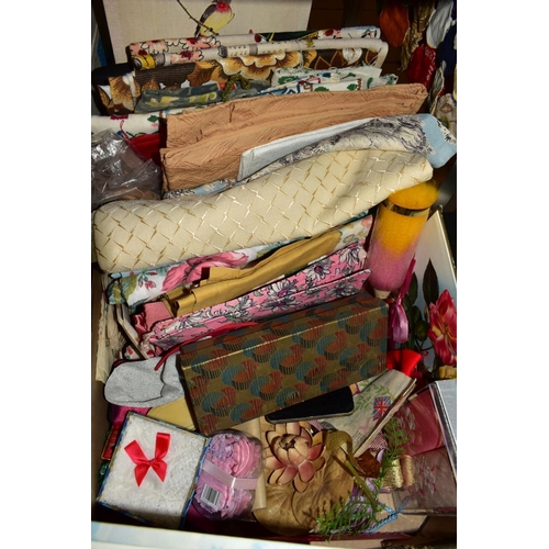 534 - SIX BOXES AND LOOSE SEWING AND HABERDASHERY ITEMS, to include linen and fabrics, wooden work boxes w... 